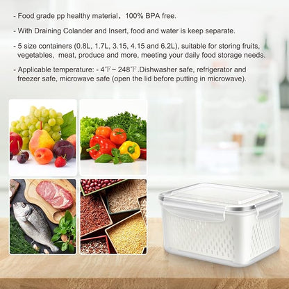 10 PS Fridge Food Storage Container with Colander, Plastic Fresh Produce Saver Keeper for Vegetable Fruit Berry Salad Lettuce Meat Fish, BPA Free Kitchen Refrigerator Organizer Bins (6.2L-0.8L)