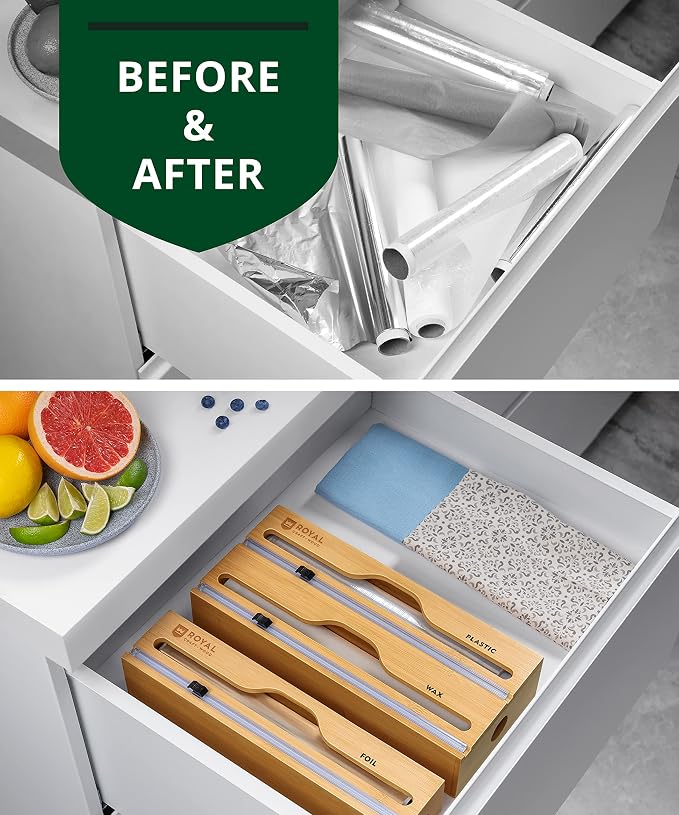 ROYAL CRAFT WOOD Bamboo Kitchen Foil and Plastic Wrap Organizer for Drawer with Cutter 2-Slots