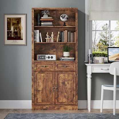 BORNOON 71.4" Tall Bookshelf with Drawers & Cabinet, 5-Tier Floor Standing Bookcase with Storage Doors, Adjustable Shelves & Metal Handles, 31.5" Wide Organizer for Home Office, Living Room