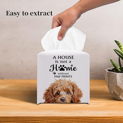 Grace Yonks Cute Poodle Tissue Box Cover Square, Poodle Dog Cube Case for Facial Tissues, 5.2" PU Leather(033)