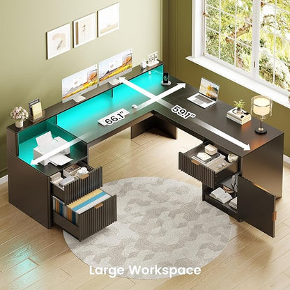 SEDETA 66" Modern L Shaped Desk with Drawers, Fluted Home Office Desk with File Cabinet and Printer Shelf, Wood Executive Desk with Monitor Stand, Led Lights, Power Outlets, Black
