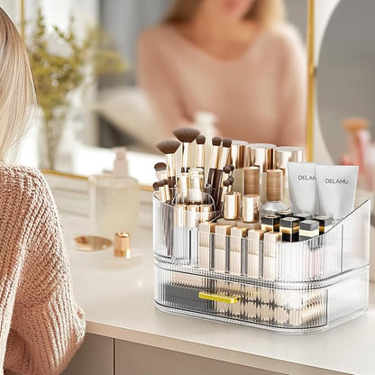 Delamu Makeup Organizer for Vanity with Stackable Drawers, 360 Rotating Makeup Brush Holder Large Cosmetic Display Case, Bathroom Skincare Storage, Crystal Clear, Ideal Christmas Gifts for Girls