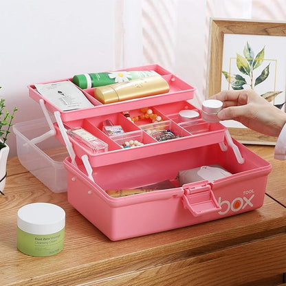 Kinsorcai 12'' Three-Layer Clear Plastic Storage Box with Handle, Craft Tool Box, 3 Layer Pink Tackle Box for Women, Organizer Box for Sewing Art and Cosmetic (Pink)