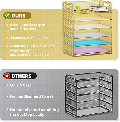 Marbrasse Paper Letter Tray Organizer - 6 Tier Mesh File Organizer with Handle, Paper Sorter Organizer for Letter/A4 Office File Folder Holder - Gold