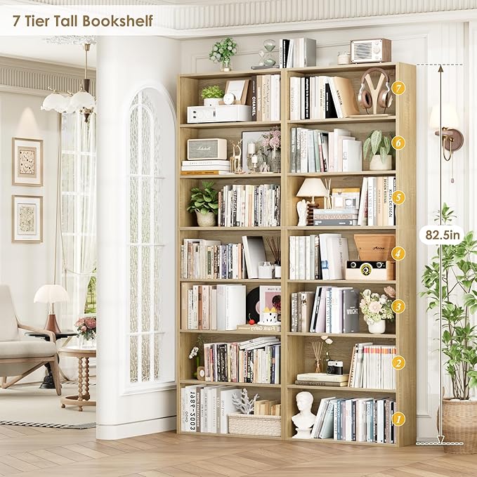 FACBOTALL 82" Tall Bookshelf, 7-Tier Open Shelves Bookcase, Freestanding Display Storage Shelves, Tall Bookcase Home Decor Furniture for Home Office, Living Room, Bedroom, Light Oak