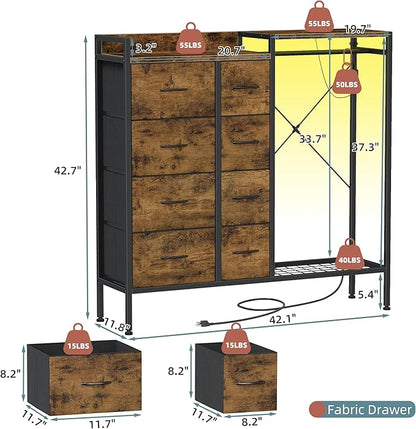 Dresser with Hanging Rack, 8-Drawer Dresser for Bedroom with Charging Station & LED Lights, Kids Dressers with Shoe Rack, Rustic Brown, 11.8" D x 42" W x 42.7" H (8 Drawers)
