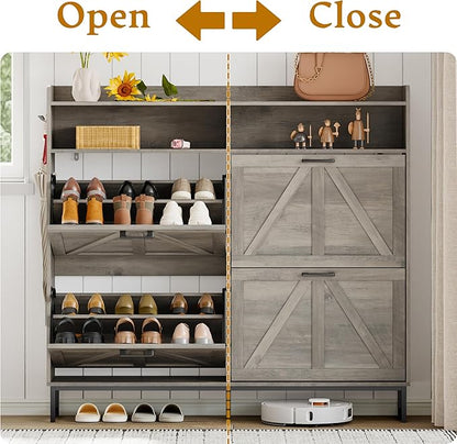 Shoe Cabinet Storage for Entryway, Shoe Storage Cabinet with 4 Flip Drawers, Freestanding Narrow Shoe Rack Organizer with Metal Legs, Adjustable Shelves & Open Storage for Foyer, Hallway, Grey