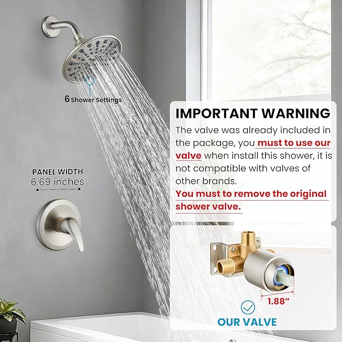 gotonovo Shower Faucet Set Bathroom Shower Head and Handle Set Complete 6 Settings 6 inch Rainfall Shower Head Kit High Pressure Shower System Combo Shower Trim Kit with Valve Brushed Nickel