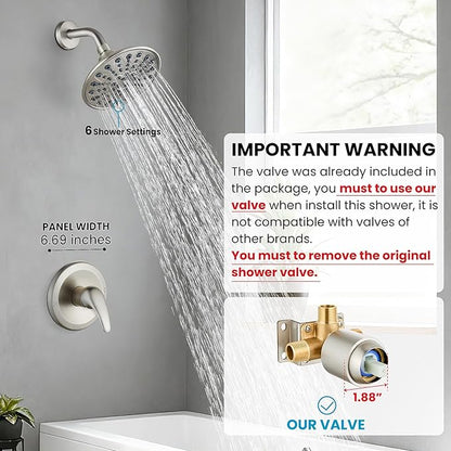 gotonovo Shower Faucet Set Bathroom Shower Head and Handle Set Complete 6 Settings 6 inch Rainfall Shower Head Kit High Pressure Shower System Combo Shower Trim Kit with Valve Brushed Nickel