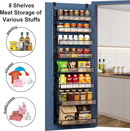 Over the Door Pantry Organizer 8 Tier Hanging Door or Wall Mounted Spice Rack with Adjustable Acylic Basket,Heavy Duty Metal Seasoning Storage Shelf for Kitchen Pantry and Bathroom
