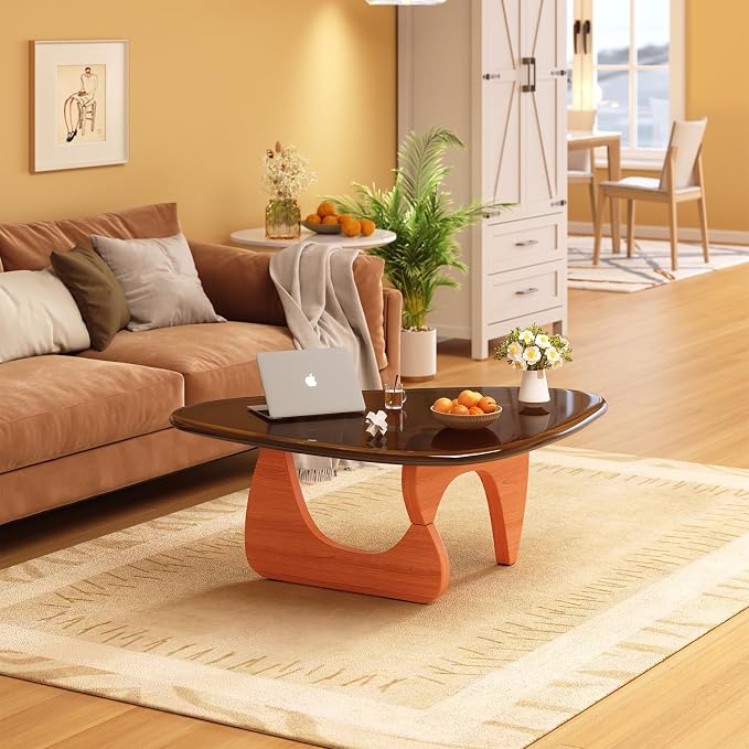 Coffee Table for Living Room Mid Century Modern Center Small Table with Glass Top and Wood, Walnut Brown(45 Inch)