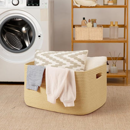 OIAHOMY 75L Large Blanket Basket, Woven Cotton Rope Baskets for Organizing 22”x17”x12”, Blanket Basket living Room, Toy Storage Bins for Nursery, Yellow