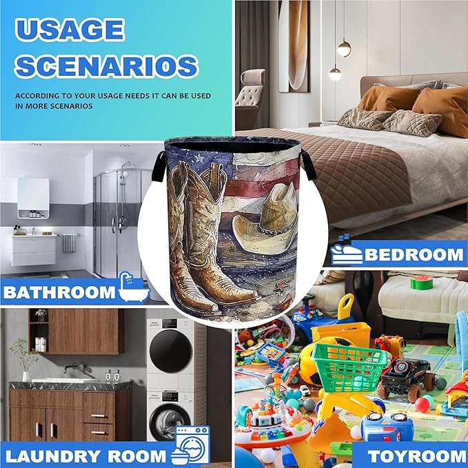 Cowboy Hat Boots Laundry Basket American Flag Oxford Cloth Laundry Hamper With Handle Foldable Portable Clothes Storage Basket 18.9 X 16.5 In Storage Bag For Laundry Room/Bathroom/Bedroom/Dormitories