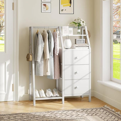 Dresser with Hanging Rack, Reversible Chest of Drawers for Bedroom, 3 Fabric Storage Drawers Dresser with Clothes Rack and Open Shelf, for Closet, Entryway, White