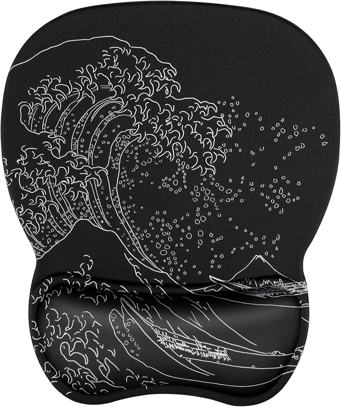 MROCO Ergonomic Mouse Pad with Gel Wrist Rest, 9.4 x 8.1 in, Kanagawa Wave | Ergonomic Shape Design, Multiple Pattern Options, Gel Wrist Comfort, Smooth Lycra Surface, Non-Slip PU Base
