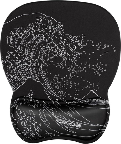MROCO Ergonomic Mouse Pad with Gel Wrist Rest, 9.4 x 8.1 in, Kanagawa Wave | Ergonomic Shape Design, Multiple Pattern Options, Gel Wrist Comfort, Smooth Lycra Surface, Non-Slip PU Base