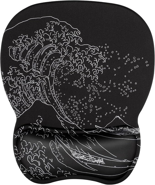 MROCO Ergonomic Mouse Pad with Gel Wrist Rest, 9.4 x 8.1 in, Kanagawa Wave | Ergonomic Shape Design, Multiple Pattern Options, Gel Wrist Comfort, Smooth Lycra Surface, Non-Slip PU Base