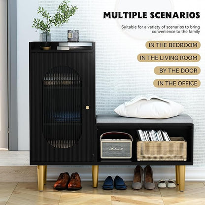 HLR Storage Bench Set of 2, Black Modern Entryway Shoe Cabinet Bench with Glass Door&Shelf, L-Shaped Storage Cabinet with Padded Seat for Hallway, Bedroom, Living Room, Office