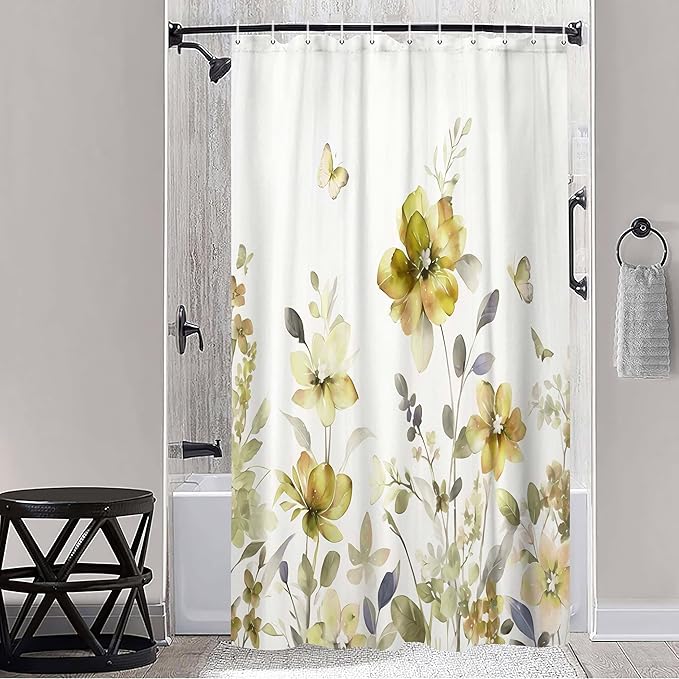 Yellow Floral Shower Curtain, Yellow Lavender Floral Butterfly Boho Shower Curtains for Bathroom, Farmhous Flower Cute Fabric Shower Curtain Set with 12PCS Hooks, 60X70IN