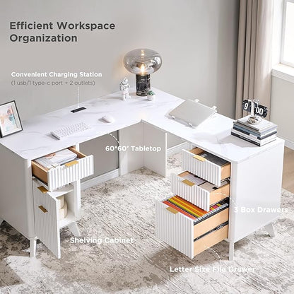 T4TREAM 60'' Fluted Executive L Shaped Desk, Modern Home Office Desk with Charging Station and File Drawer, Computer Corner Desks with Drawers & Storage Cabinet for Office Home, Bedroom,Solid White