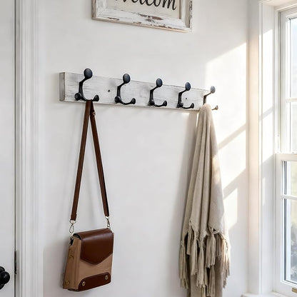 SKOLOO 30-Inch Wood Coat Rack Wall Mount with 5 Triple Hooks - Ideal for Family Entrances, Classrooms, and Pet Supplies Storage - Perfect Coat Hooks for Wall,Distressed White Wash, Pack of 2