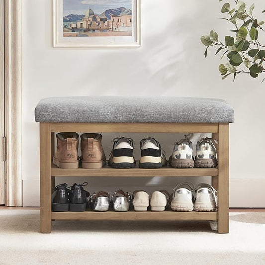 Shoe Rack Bench with Cushion, 2 Tier Solid Wood Storage Bench, Mid-Century Modern Shoe Bench for Entryway, Hallway, Closet, Front Door Entrance, Foyer (Grey, 31.5")