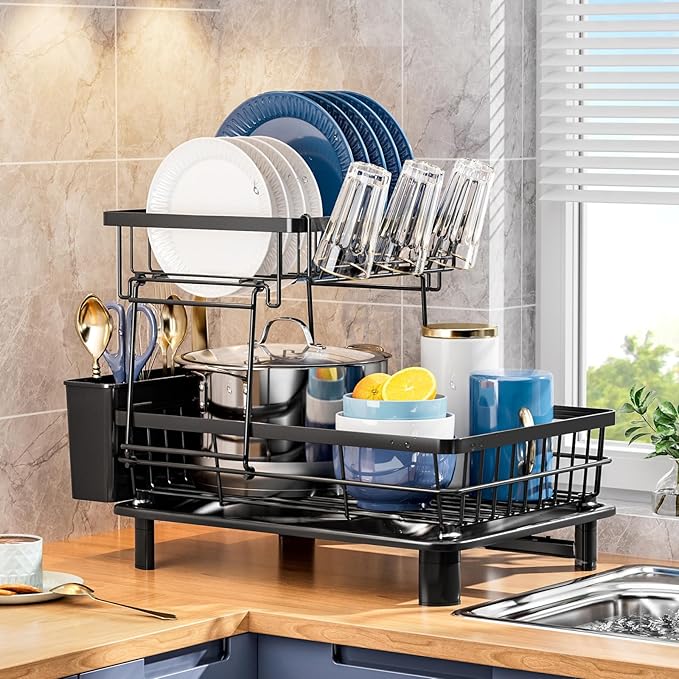 GAOKASE Dish Drying Rack, Stainless Steel-Dish Rack, Dish Racks for Kitchen Counter, Kitchen Dish Drainers with Removable Utensil Holder,New Drain Outlet,Plate Rack and Drainboard (Black 3)