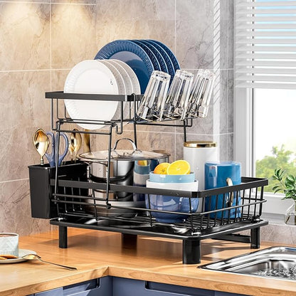 GAOKASE Dish Drying Rack, Stainless Steel-Dish Rack, Dish Racks for Kitchen Counter, Kitchen Dish Drainers with Removable Utensil Holder,New Drain Outlet,Plate Rack and Drainboard (Black 3)