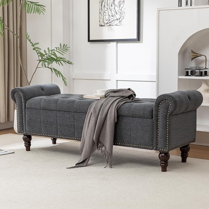 HOMEFLEX 58” Long Storage Bench, Upholstered Ottoman with Tufted Trim, Large End-of-Bed Bench for Bedrooms, Living Rooms, and Entryways (Dimgray)