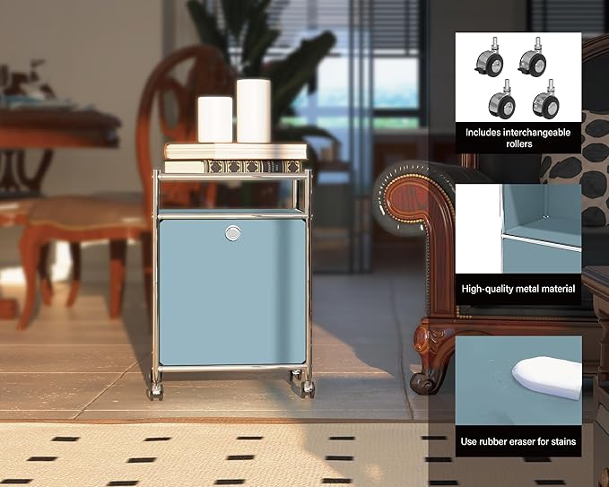 Simplink Elegant Matte Storage Cart with 22.8" Height - Perfect Side Table, Night Stand - Large Capacity with Flap Door, Detachable Wheels - Ideal for Home, Office, Bedroom, Kitchen (Blue)