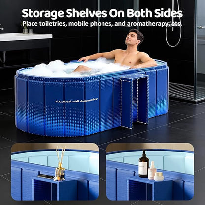 Portable Foldable Bathtub, Freestanding Bathtub No Installation, Bathroom SPA Soaking Bath Tub, Shower Stall Collapsible Hot & Ice Bath Tub (Blue with Storage Rack, ‎47.2"L x 21.6"W x 19.6"H)