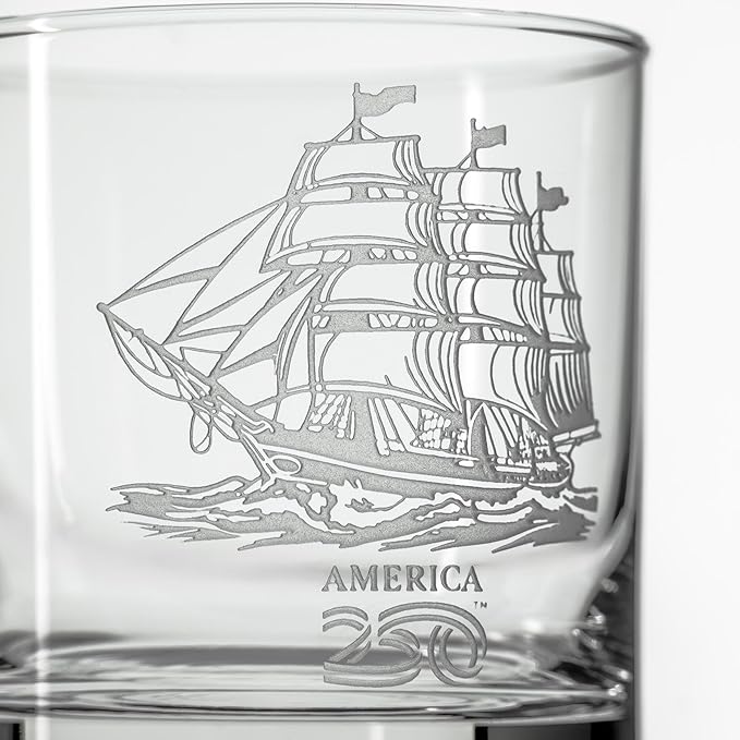 Rolf Glass America250™ Tall Ship On the Rocks Glass | 10oz Whiskey Glass | Made in America | Deep Engraved 13-Star Flag | Officially Licensed America250™ Product | Set of 2