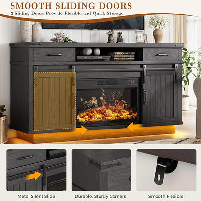 Jocoevol Fireplace TV Stand for TVs up to 65", Electric Fireplace with 3D Flame, Farmhouse LED Light Entertainment Center TV Console with with 2 Drawers, Sliding Barn Door for Living Room - Black