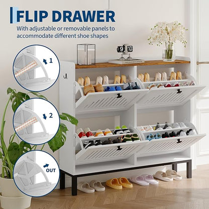 Garvee 4 Flip Drawer Shoe Cabinet with Adjustable Shelves, Hidden Shoe Organizer with Large Capacity, Freestanding Wooden Shoe Rack for Entryway, Hallway, Living Room, White