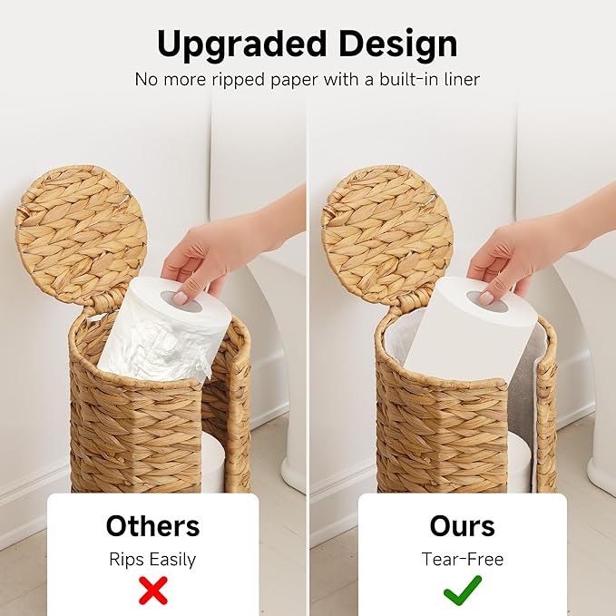 StorageWorks Water Hyacinth Free Standing Toilet Paper Holder Stand for Bathroom, 3 Rolls of Toilet Tissue Storage with a Built-in Cloth Lining, Toilet Roll Holder Stand with Lid (Pack of 2)
