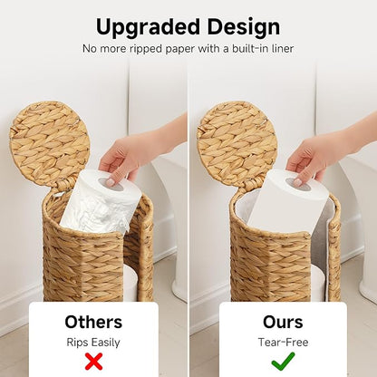 StorageWorks Water Hyacinth Free Standing Toilet Paper Holder Stand for Bathroom, 3 Rolls of Toilet Tissue Storage with a Built-in Cloth Lining, Toilet Roll Holder Stand with Lid (Pack of 2)