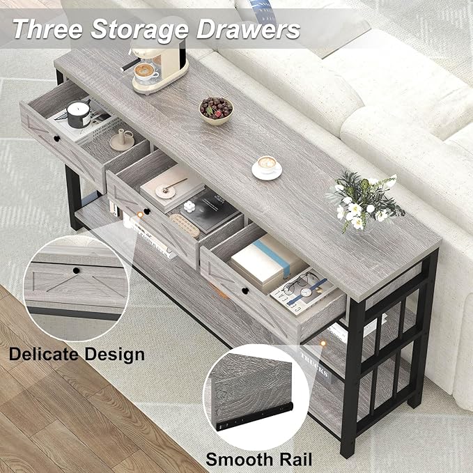 HSH Sofa Table with 3 Drawers, 55" Entryway Table with Storage Shelf, Console Table with Drawers Behind Couch for Living Room, Farmhouse Wood Metal Front Door Table for Entry Hallway, Light Grey Oak