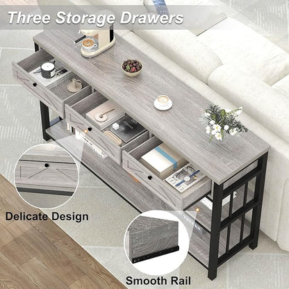HSH Sofa Table with 3 Drawers, 55" Entryway Table with Storage Shelf, Console Table with Drawers Behind Couch for Living Room, Farmhouse Wood Metal Front Door Table for Entry Hallway, Light Grey Oak
