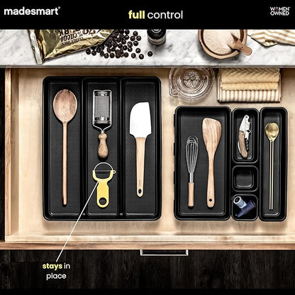 madesmart Classic 3-Compartment Plastic Utensil Tray for Drawers, Multipurpose Storage Tray Drawer Organizer, Carbon Large