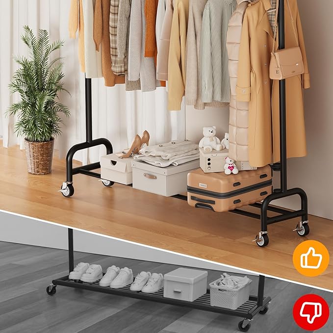 Heavy Duty Clothing Racks for Hanging Clothes Rack, 45" Wide Rolling Garment Rack Metal Clothing Hanger Rack with Wheels Wardrobe Rack for Coats, Shirts, Dress, (Black)