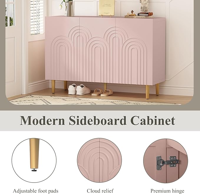 ARTPOWER 47" Accent Cabinet with Cloud Relief, Sideboard Buffet Cabinet with 3 Doors, Modern Decorative Credenza with Storage for Living Room, Kitchen, Dining Room, Hallway, Entryway, Pink