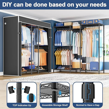 Ulif E12C Heavy Duty Closet Organizer System，Freestanding Clothing Rack, Adjustable Garment Rack 57.1" W x 16" D x 76.5" H Holds 860 lbs, Black Clothing Rack with Black Dustproof Cover