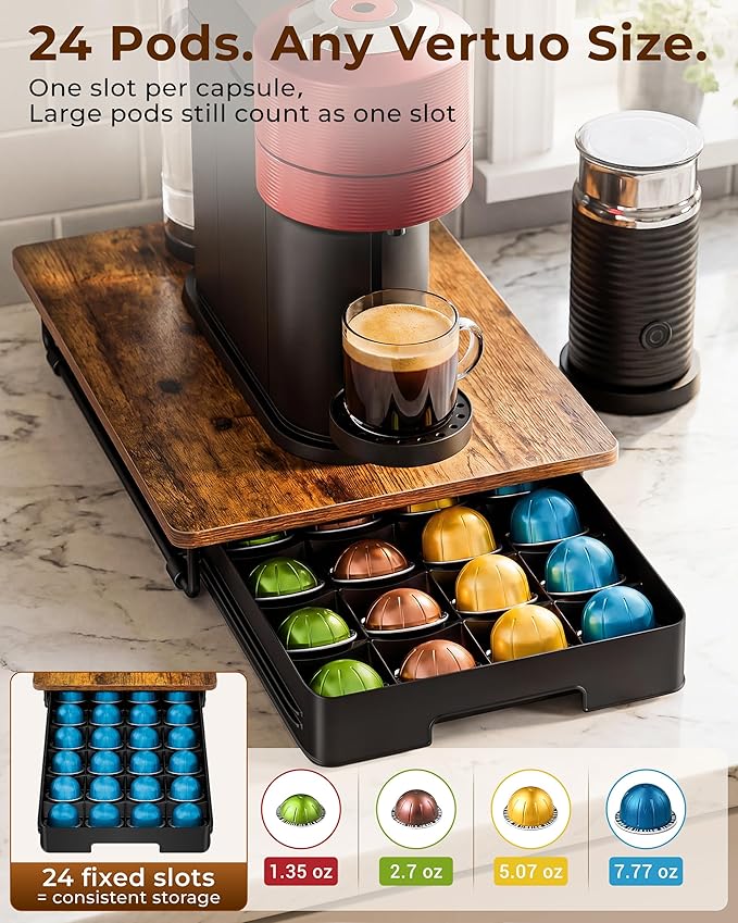EVERIE Coffee Pod Drawer Compatible with Nespresso Vertuo Capsules, Low Profile Wooden Pod Holder, 24-Slot Rustic Brown Organizer with Metal Frame, 15.9 x 12 x 3 In