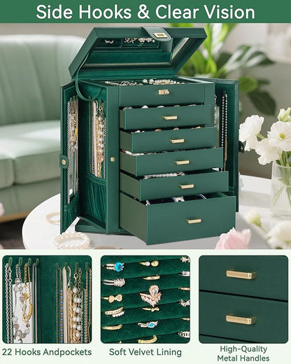 AKOZLIN 360° Rotating Jewelry Box 6-Tier Organizer Functional Jewelry Storage Case for Women Girls Ring Necklace Earring Bracelet Holder with Mirror