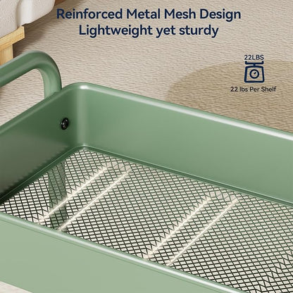 YASONIC 3-Tier Rolling Cart, Green, 66 Pounds Capacity, Mesh Storage Organizer with Lockable Wheels, 3 Hanging Cups, 4 Hooks, Easy Assembly, for Kitchen, Bathroom, Laundry, Grocery