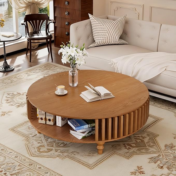 2-Tier Round Coffee Table 39.4" Round Coffee Table with Storage Mid-Century Modern Circle Accent Center Table Farmhouse Low Cocktail Tea Furniture for Living Room Small Spaces (39.4" Round)
