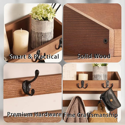 Coat Rack Wall Mount with Shelf - Wooden Entryway Organizer for Hanging Coats, Keys, Hangers - Space Saving Durable Wood Holder for Hallway, Bedroom, Office-The Essential Model
