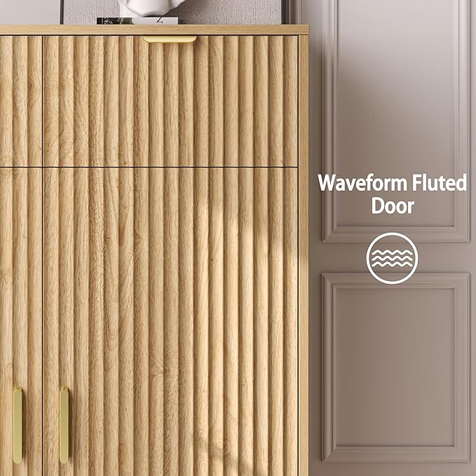 Fluted Shoe Cabinet, 4-Tier Mid Century Modern Narrow Shoe Storage Cabinet with Doors & 2 Drawers, Adjustable Shelves, Freestanding Hidden Shoe Rack Organizer & Wooden Legs for Entryway
