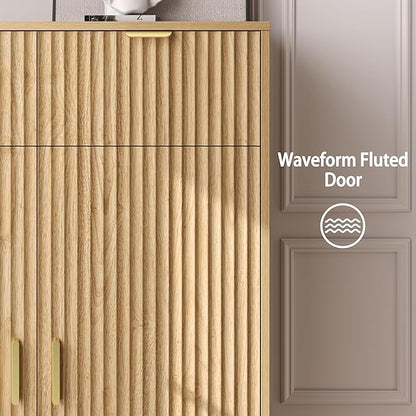 Fluted Shoe Cabinet, 4-Tier Mid Century Modern Narrow Shoe Storage Cabinet with Doors & 2 Drawers, Adjustable Shelves, Freestanding Hidden Shoe Rack Organizer & Wooden Legs for Entryway