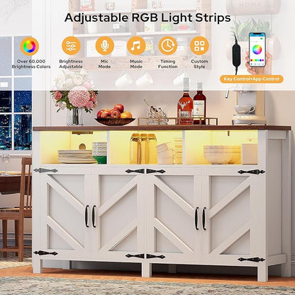 Buffet Sideboard with Storage with Power Outlets & LED Light 4 Doors, 55'' Large Farmhouse Kitchen Storage Cabinet Wood Coffee Bar Cabinet Buffet Table for Kitchen, Dining Room, Entryway